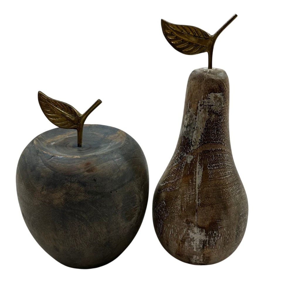 Vintage Style Carved Wood Apple and Pear Set Brass Leaves Rustic Home Decor NWOT